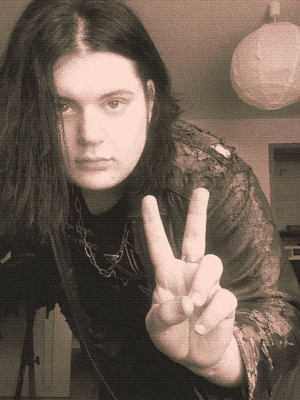 a sepiatone photo of me giving a peace sign to the camera