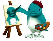 A render of finfin wearing a beret, holding a palette and a paintbrush. Next to him is an easel with a crude self portrait.